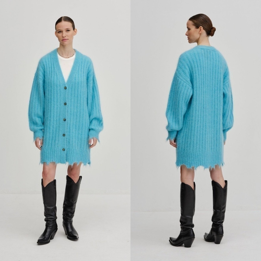 Herskind Sweater‎ Base Knit Cardigan Distressed Mohair Wool Light Blue S EUC